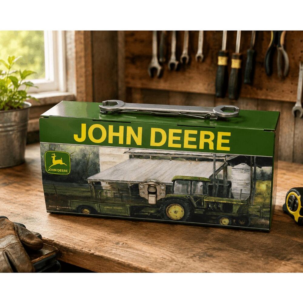 JOHN DEERE GREEN/YELLOW TINWARE BOX W/WRENCH PLASTIC HANDLE